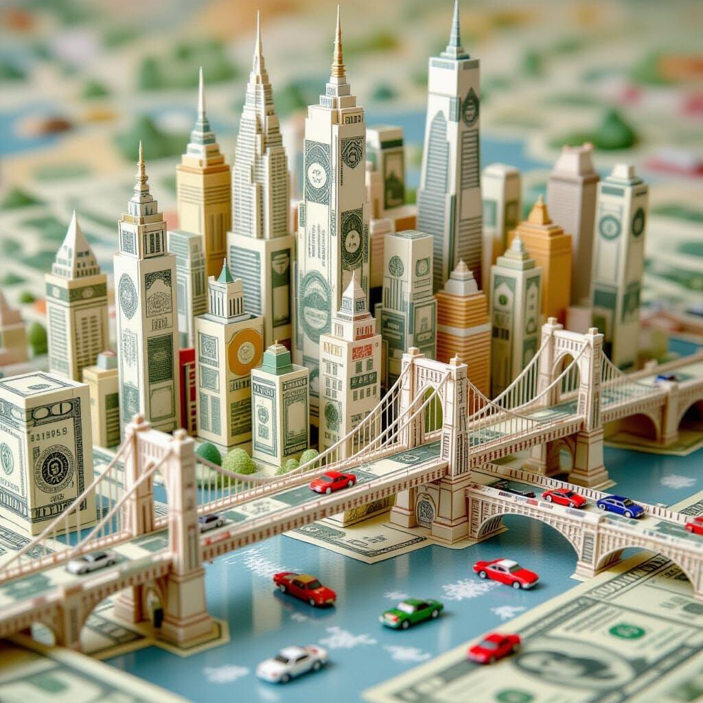 Fantastical Paper Money Cityscape in Vibrant Diorama Style