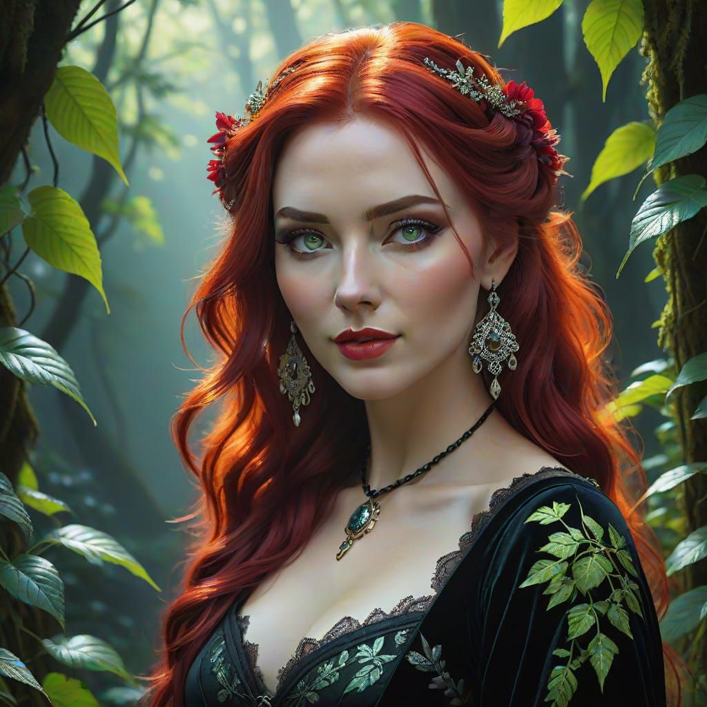 Enchanting Gothic Goddess in Crimson Locks and Velvet Foliag...