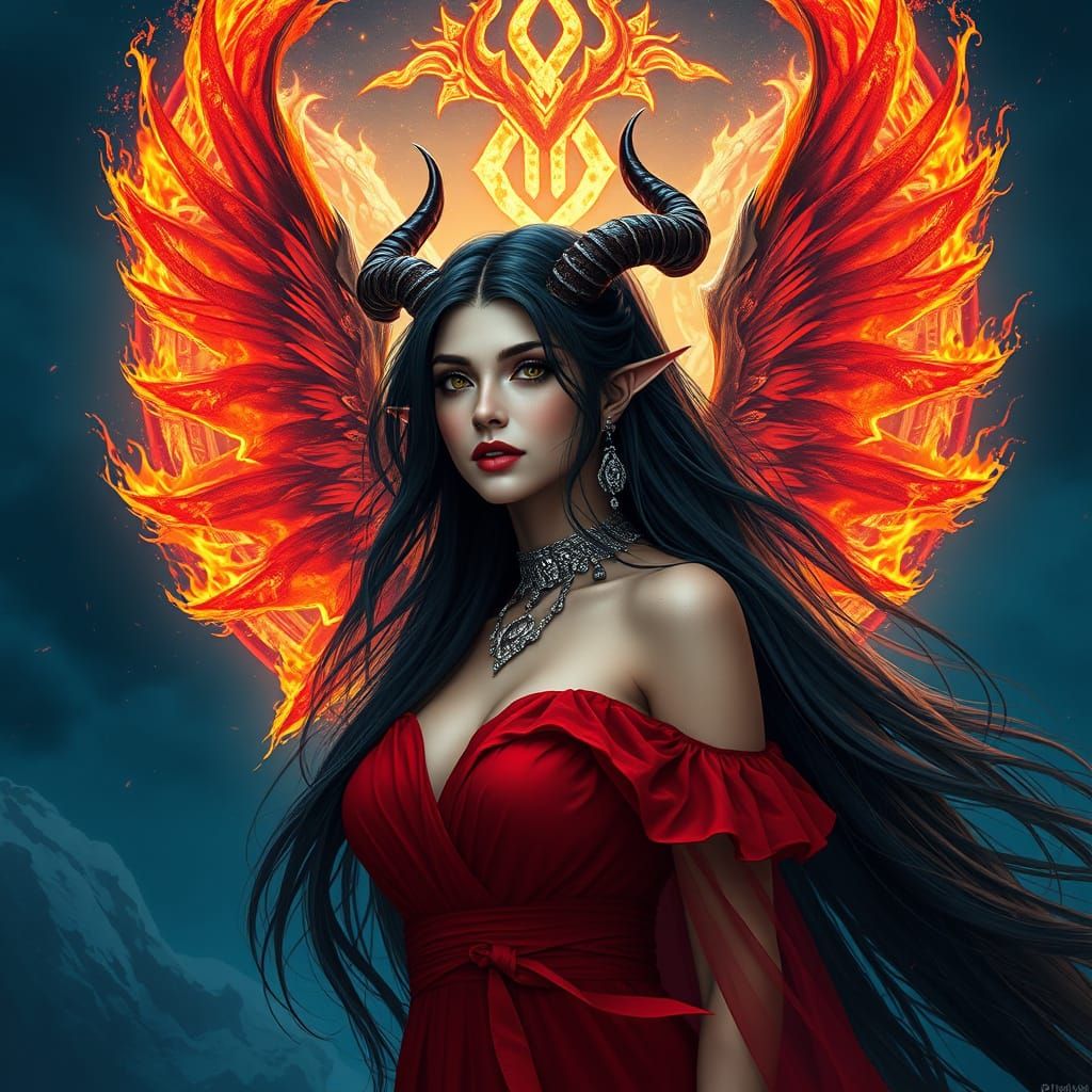 Goddess of Blazing Splendor in Fiery Wings and Elegant Gown