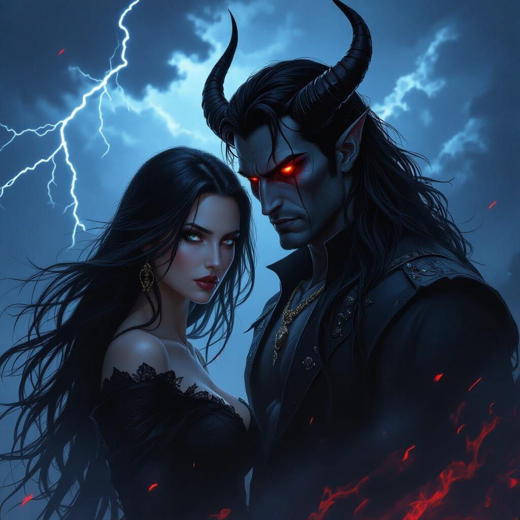 Dark Fantasy Art: Woman and Hornless Demon in Storm