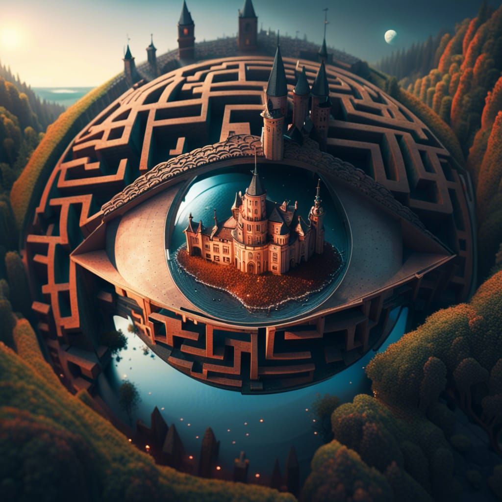 Surreal Eye Maze with Castle, Hyperrealistic Style