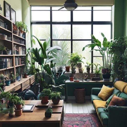 Bohemian Craft Room with Sewing Corner and Green Plants