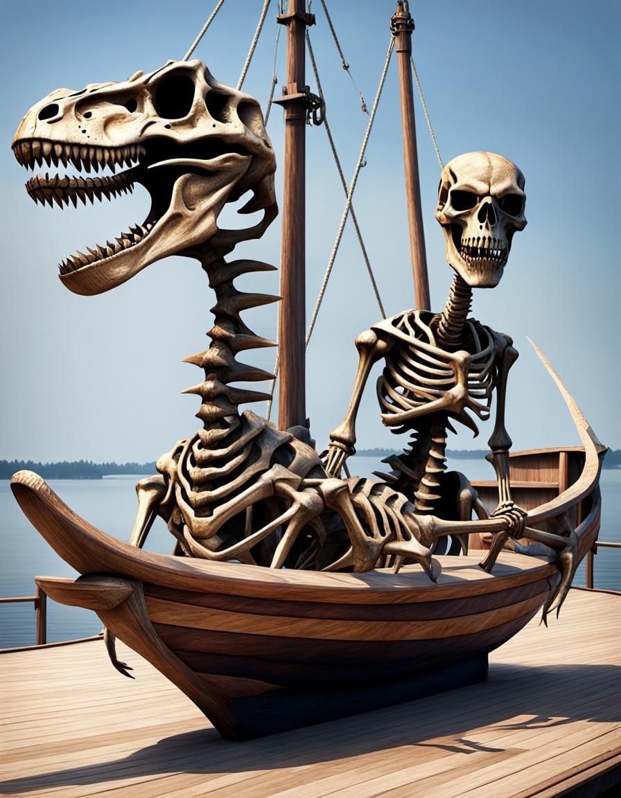 Two-Headed Dinosaur Skeleton on a Boat