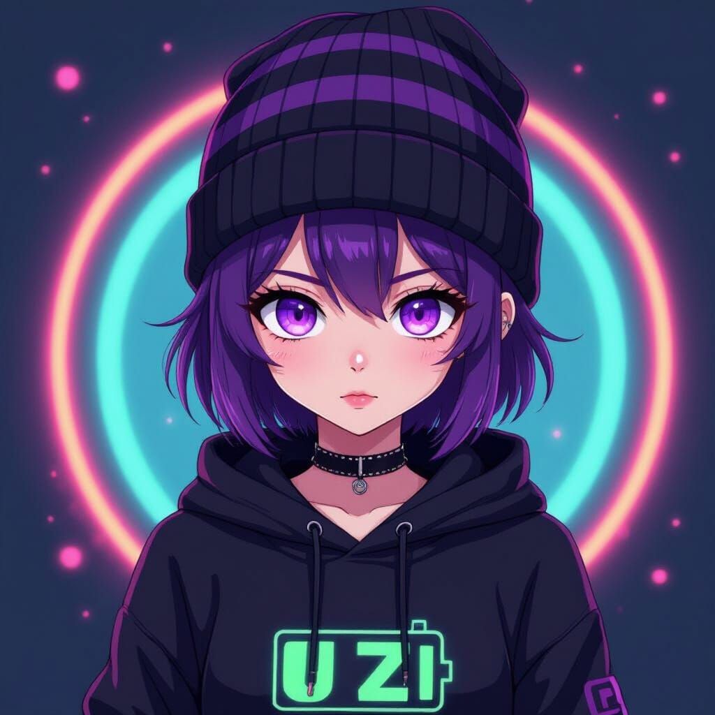 Anime Style Illustration of Uzi with Neon Purple Eyes