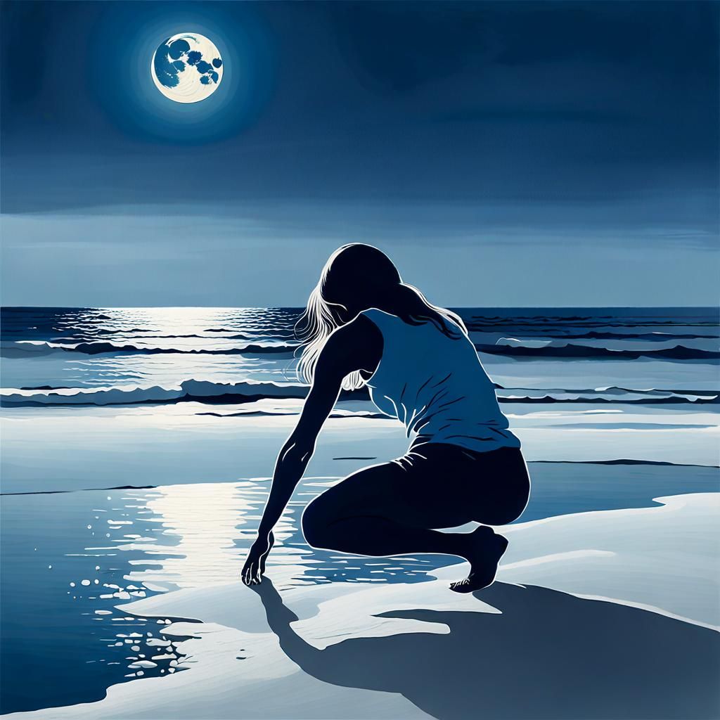 Opalescent Crouching Woman: Impasto Seascape in Soft Focus