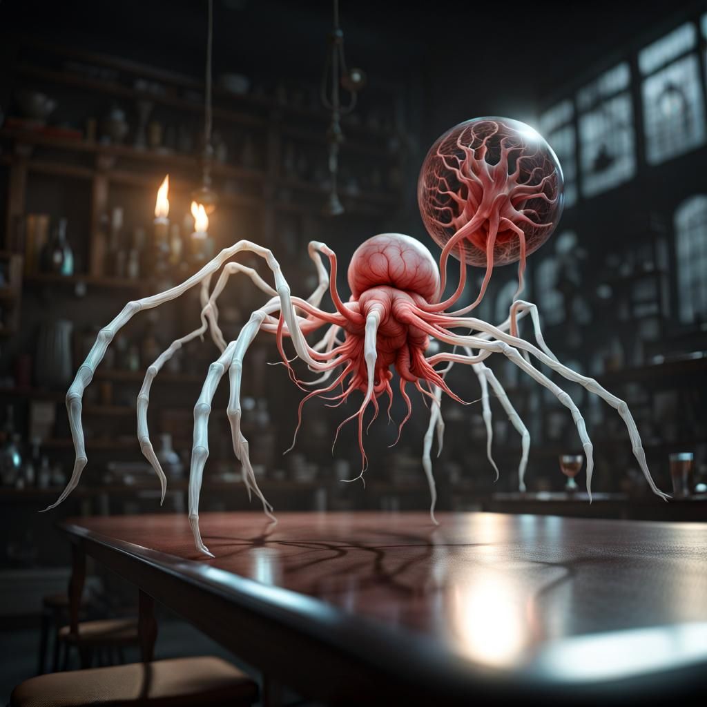 Luminous Multi-Limbed Creature in Dark Lab