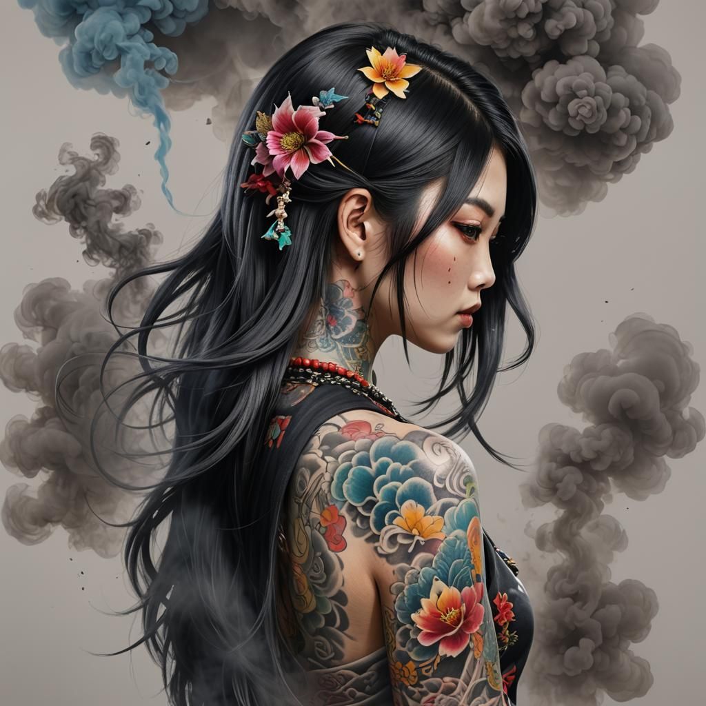 Japanese Girl with Colorful Tattoos Made of Smoke