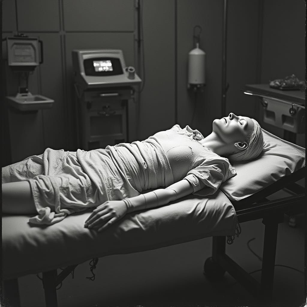Mummy on Hospital Stretcher in Silver Nitrate Style
