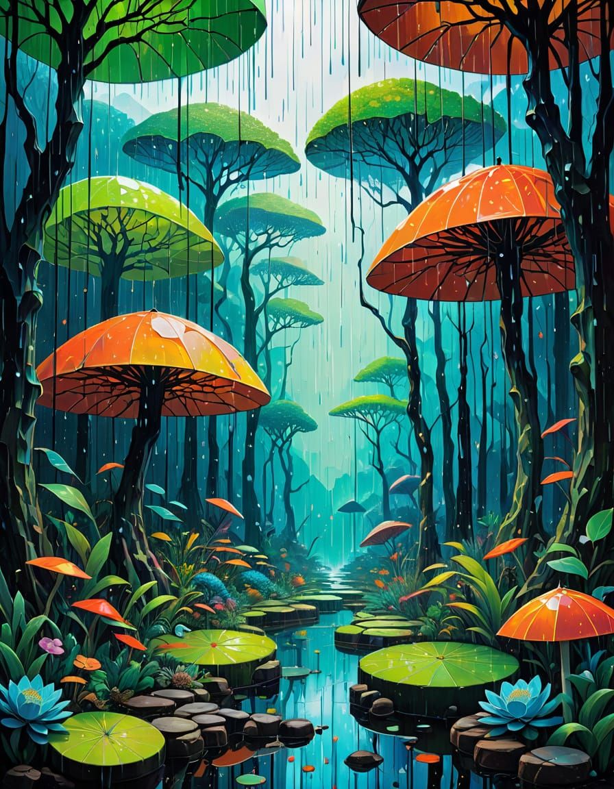 Dreamlike World with Stained Glass Trees