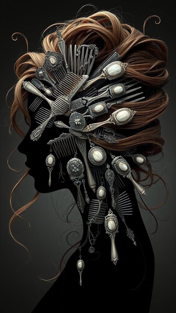 Surreal Silhouette Composed of Antique Hair Combs and Brushe...