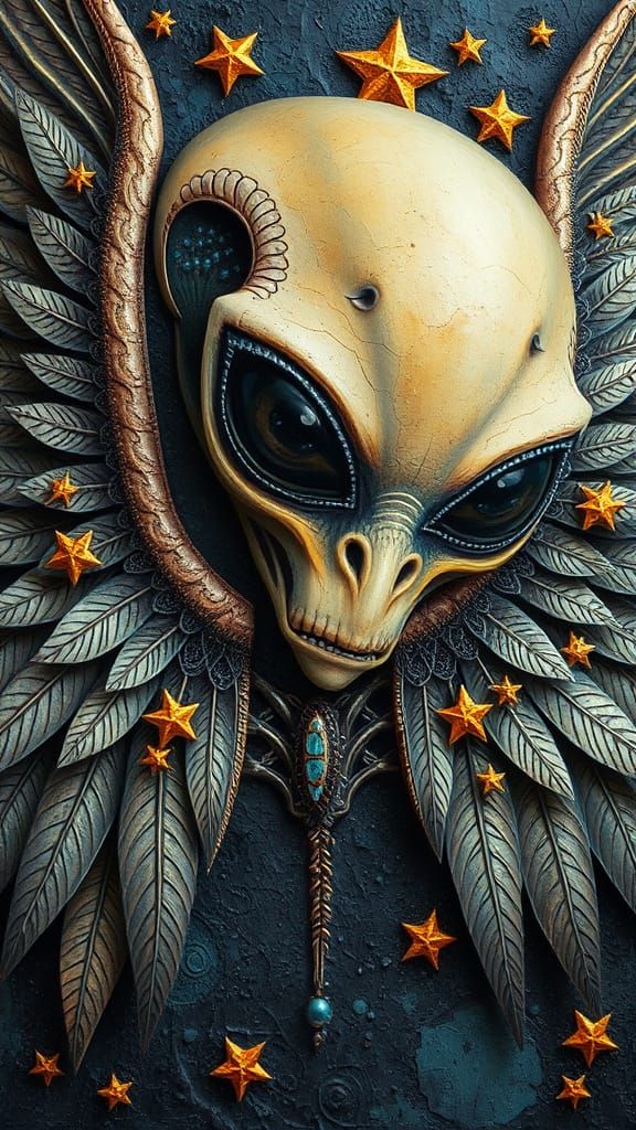 Winged Alien Adorned with Stars in Mexican Folk Art Style