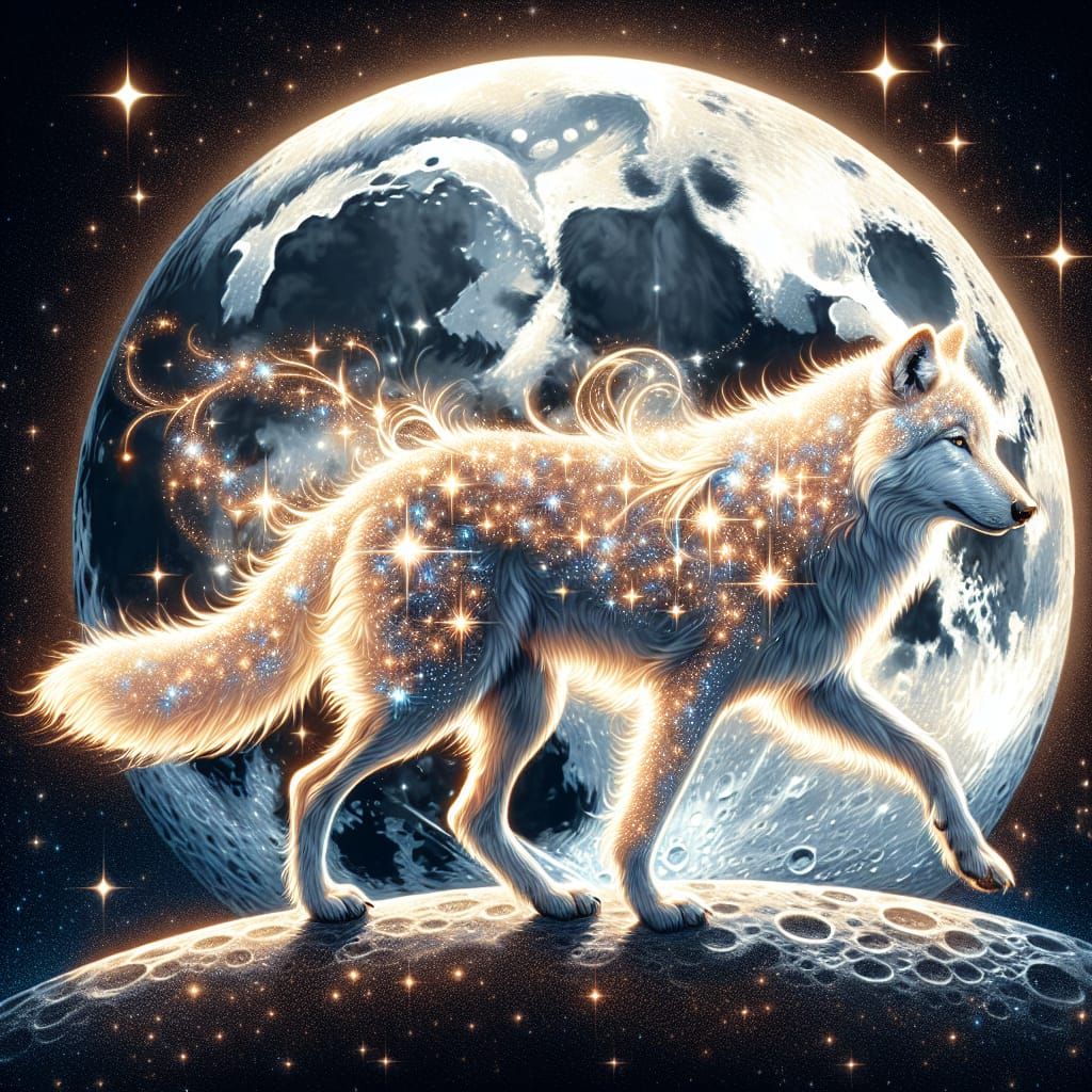Glowing Wolf Strides on Moonlit Landscape