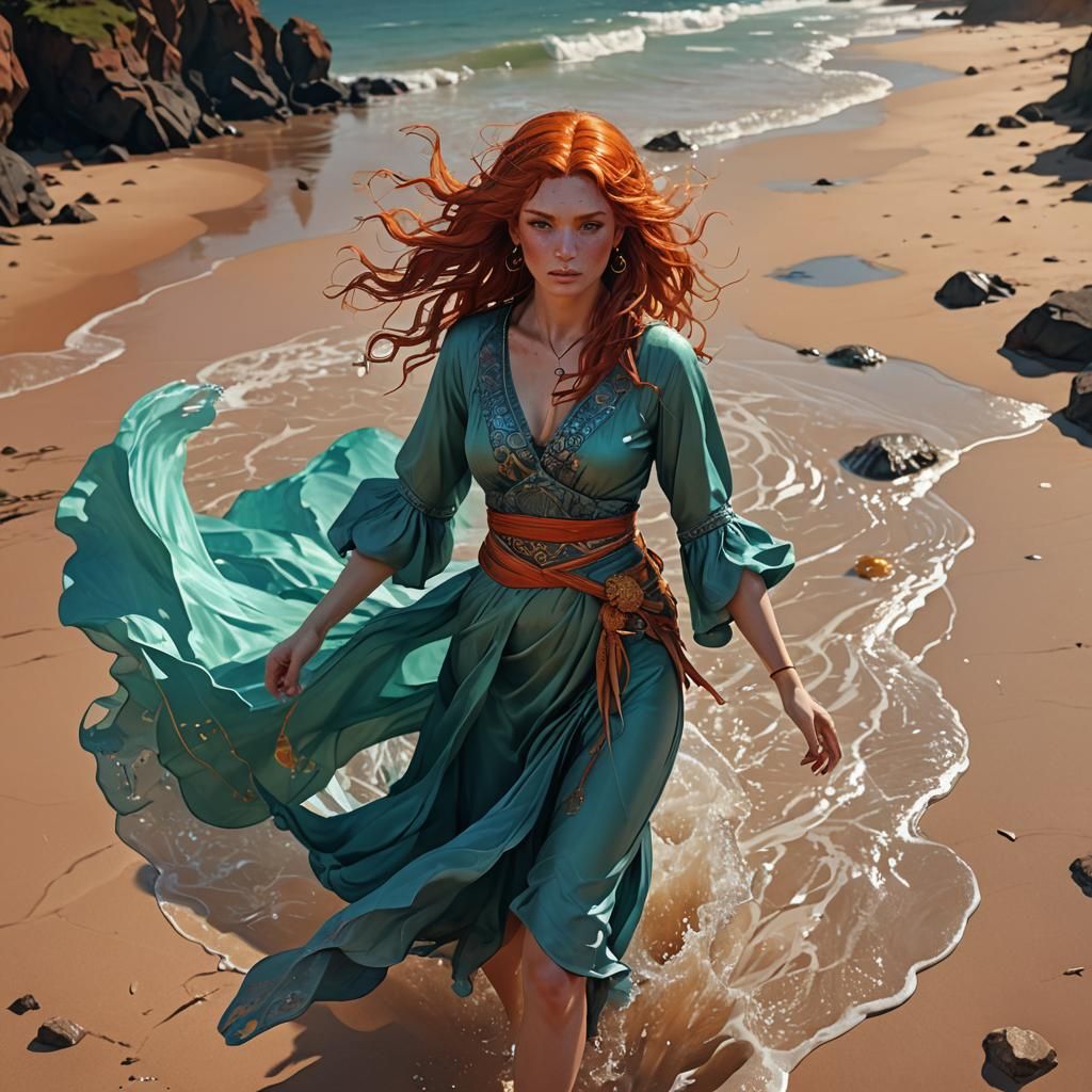 Red-Haired Beach Beauty in Art Nouveau Style