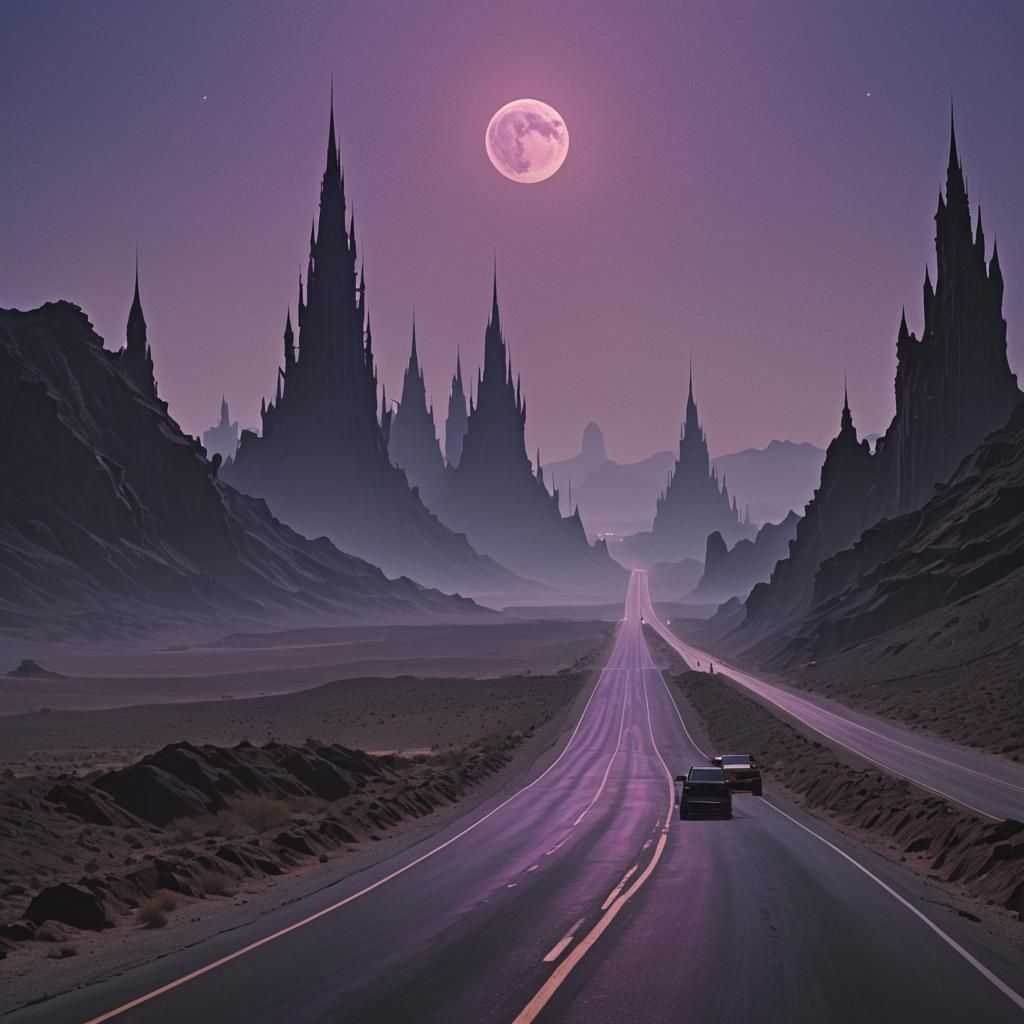 Mystical Highway Under Black Sun: AAA Game Concept Art