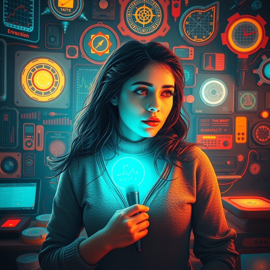 Woman Surrounded by Glowing Tools in Futuristic Art Style