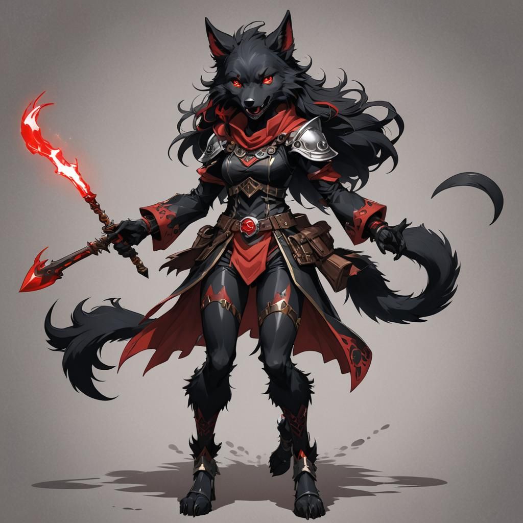 Anime Furry Wolf Sorceress with Red Highlights