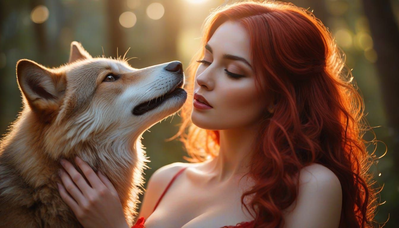 Sensual Red Ridinghood Hugs the Wolf in Enchanted Forest
