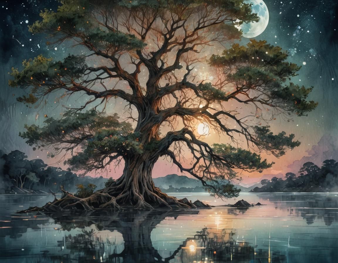Moonlit Tree Reflected in Digital Watercolor Summerscape