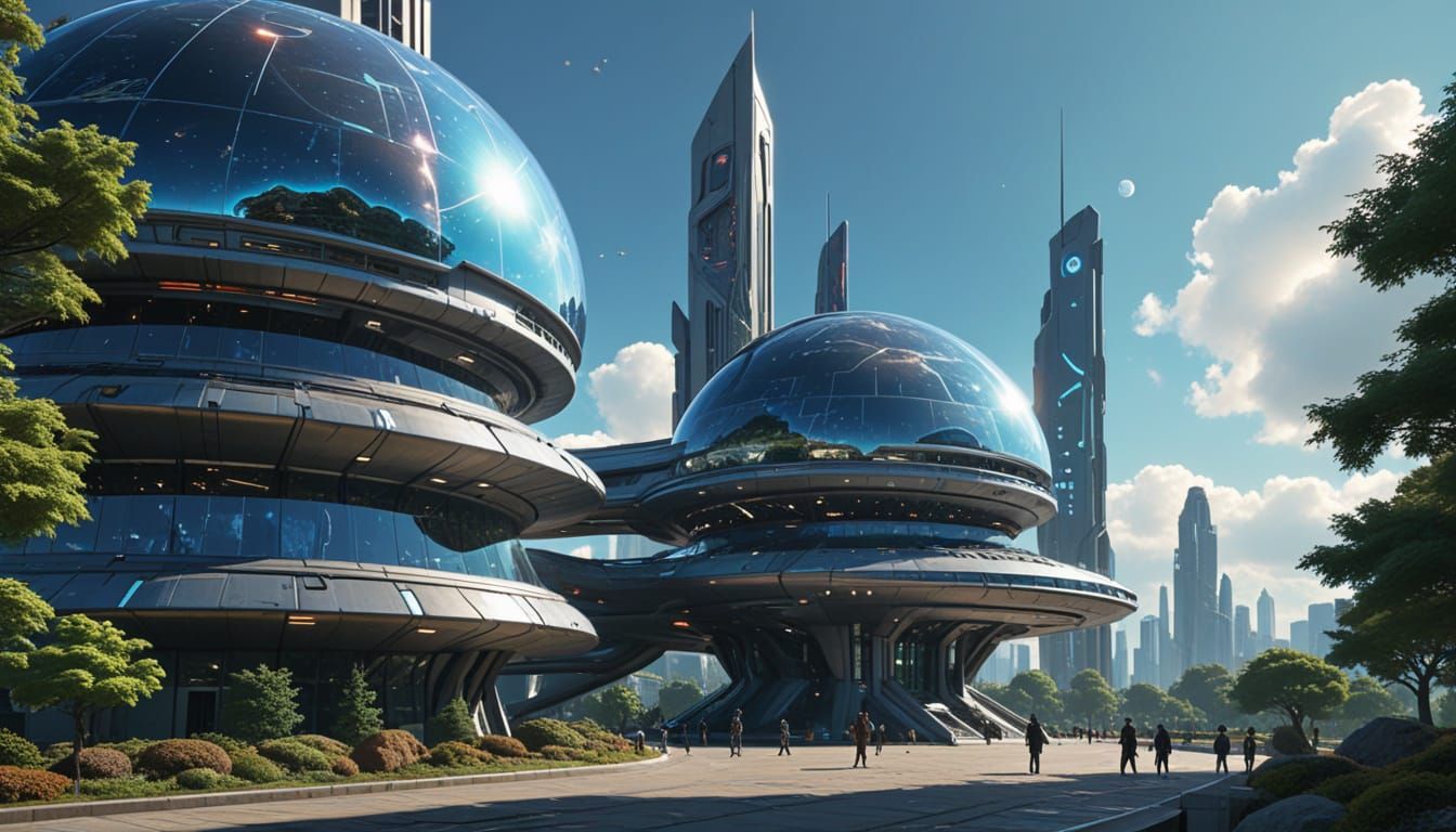 Futuristic Space Command HQ Statue Park in Hyperreal Style