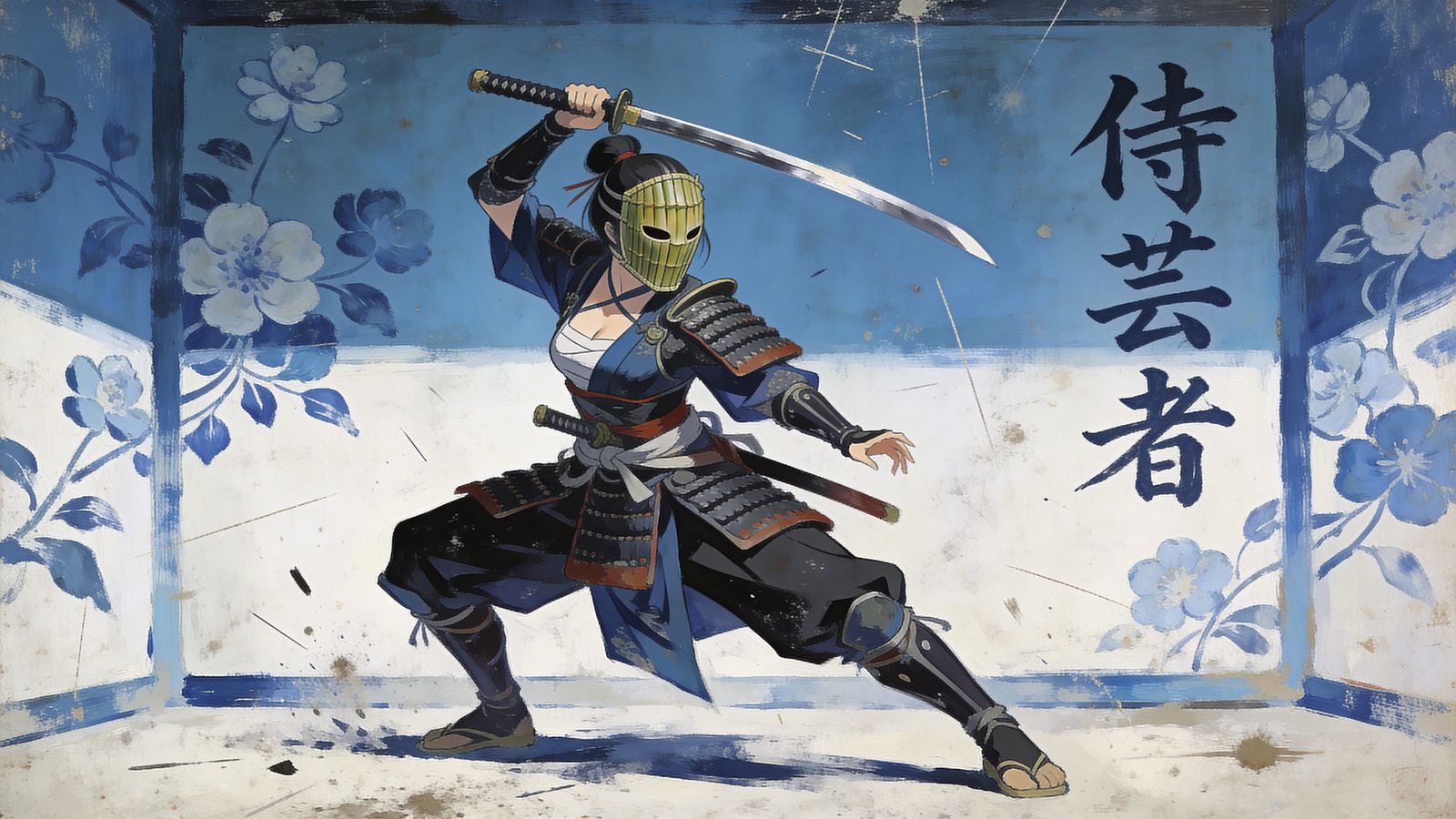 Expressionist Geisha Samurai with Katana on Vintage Canvas