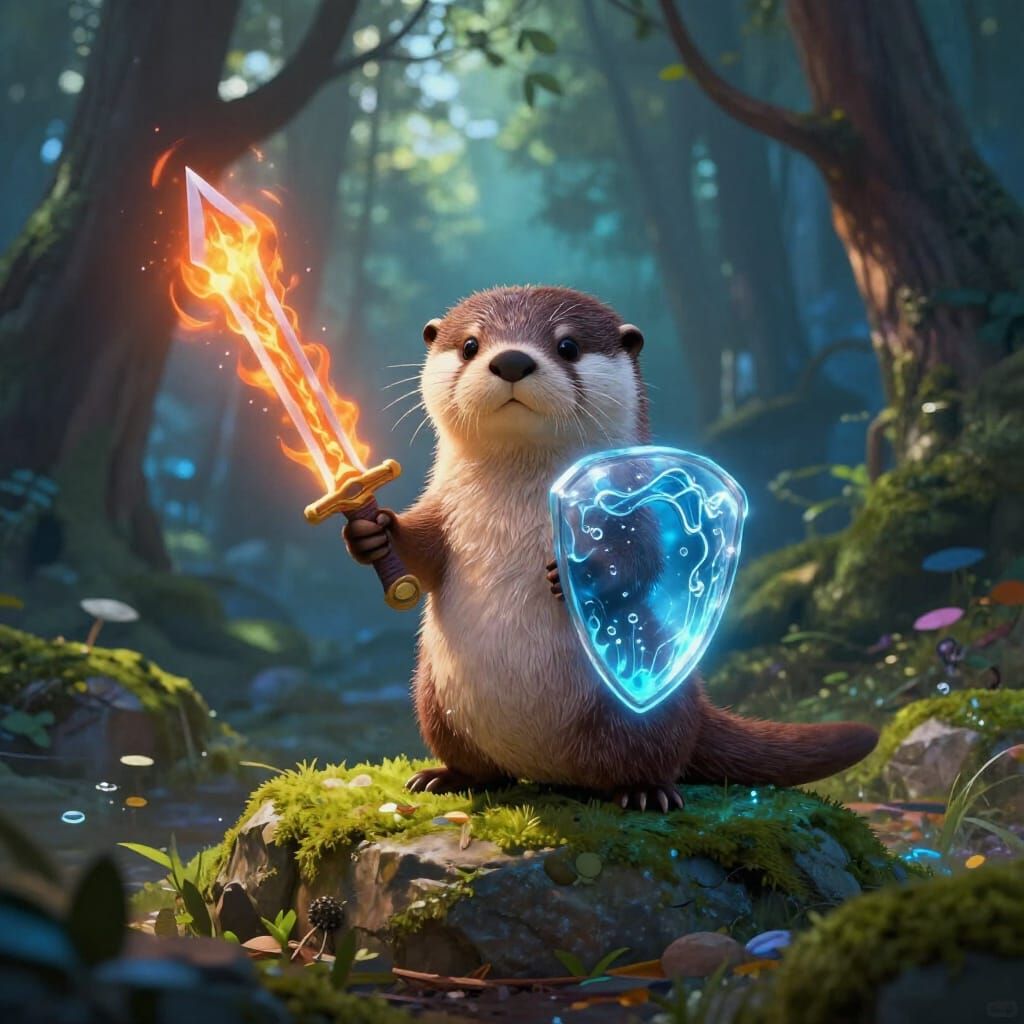 Fantasy Otter Warrior with Glowing Shield and Fiery Sword