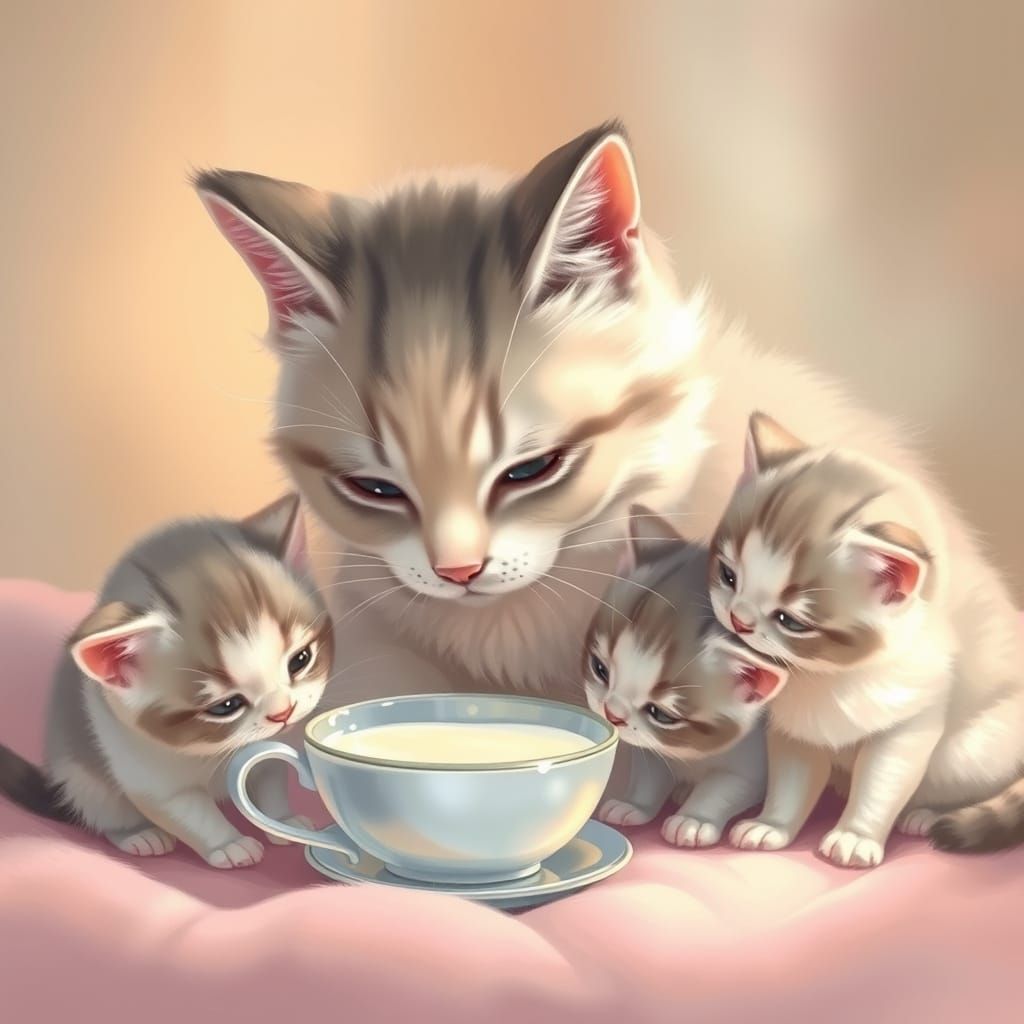 Teatime. Mother cat and her kittens