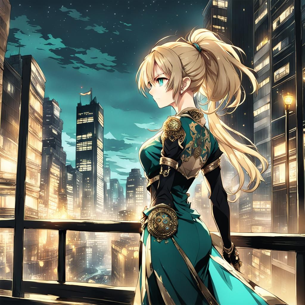 Blonde Woman Gazing at Cityscape in Anime Style