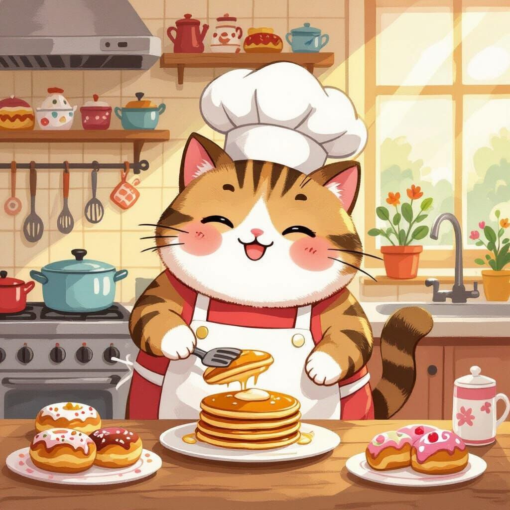 Cartoon Cat Chef Flips Pancakes in Kawaii Kitchen