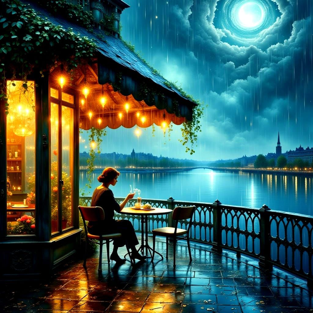 Rainy Night in Paris Cafe: Impasto Oil Painting