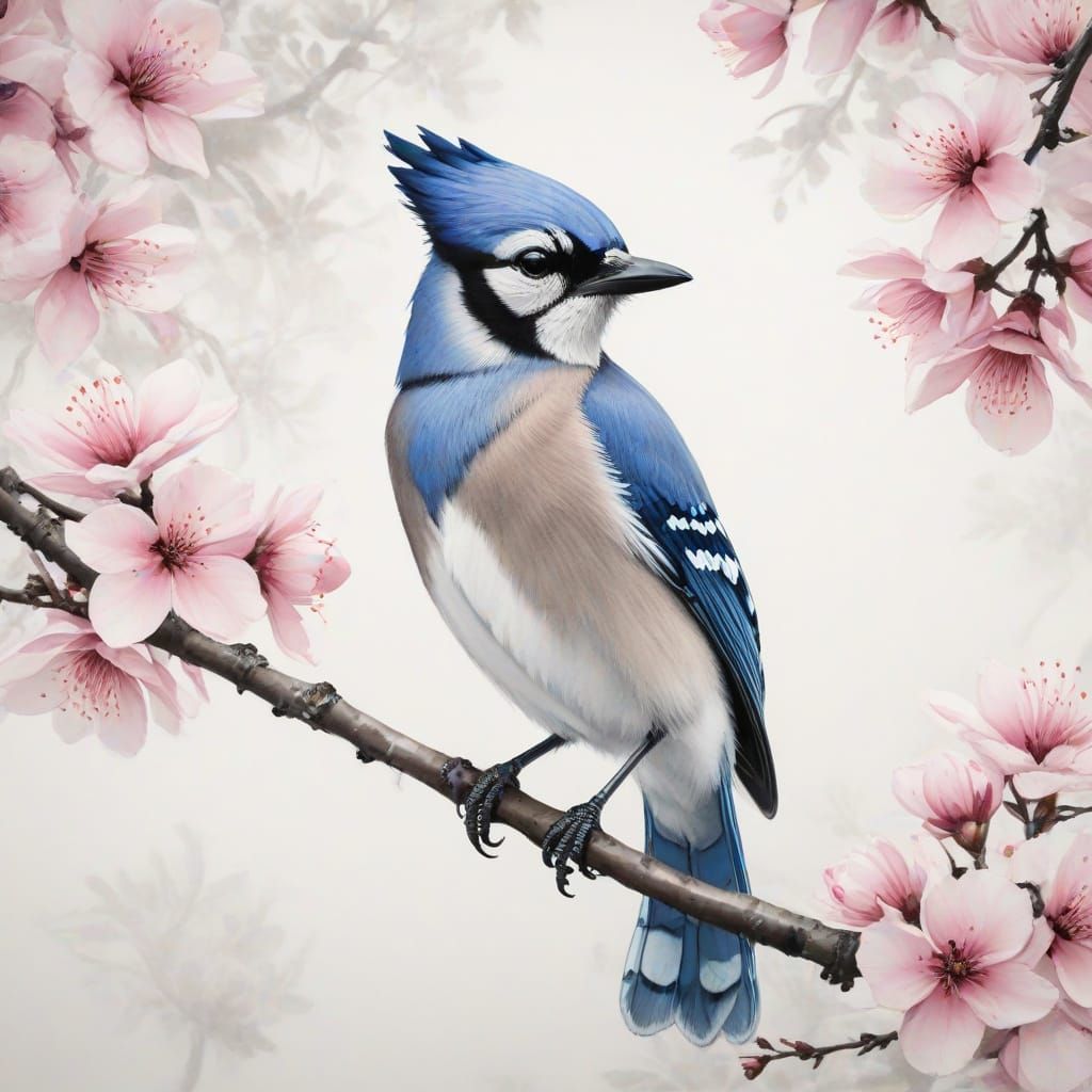 Surreal Black and White Chinese Ink Painting of Bluejay in B...
