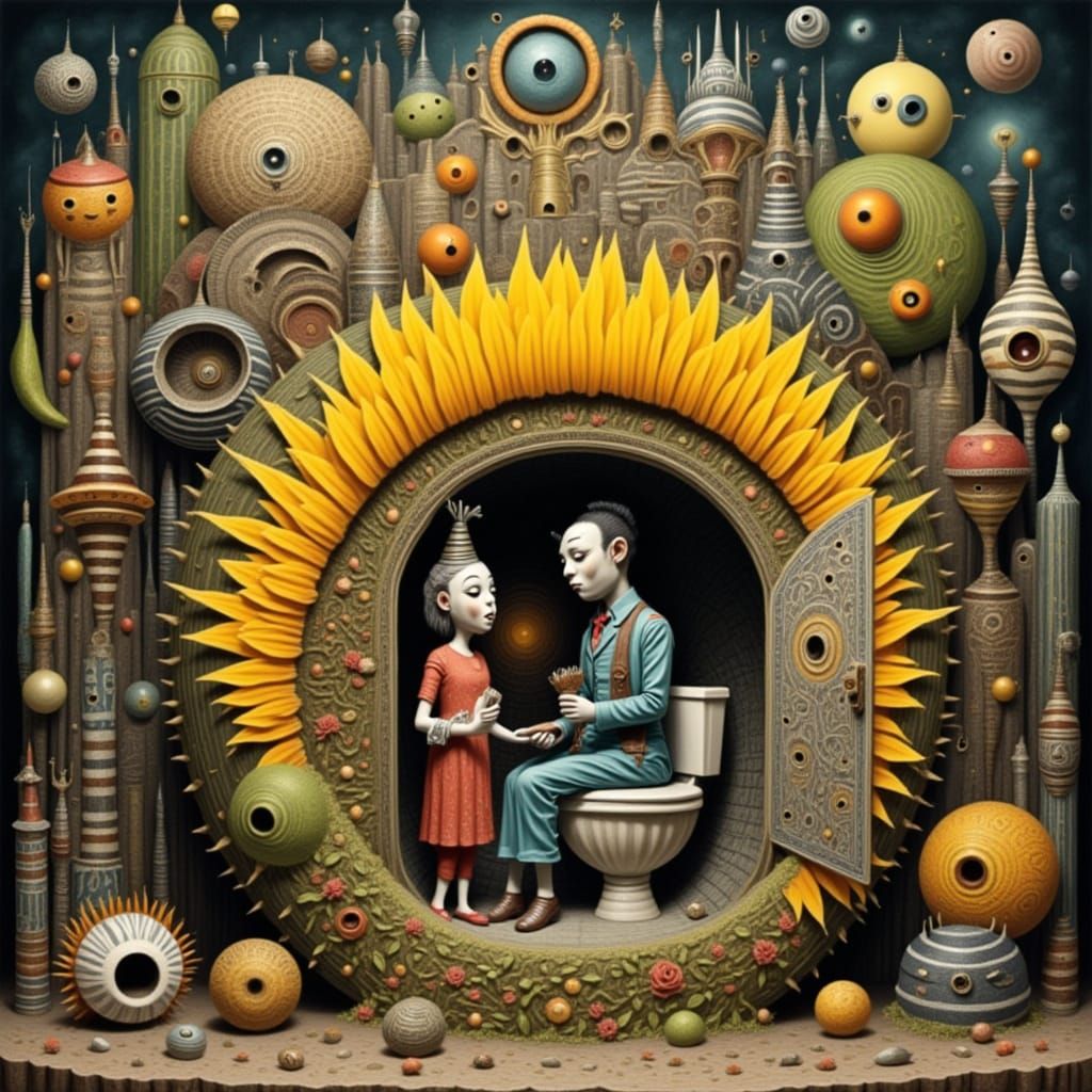 Giant Puppet Figure in Surreal Hundertwasser Landscape