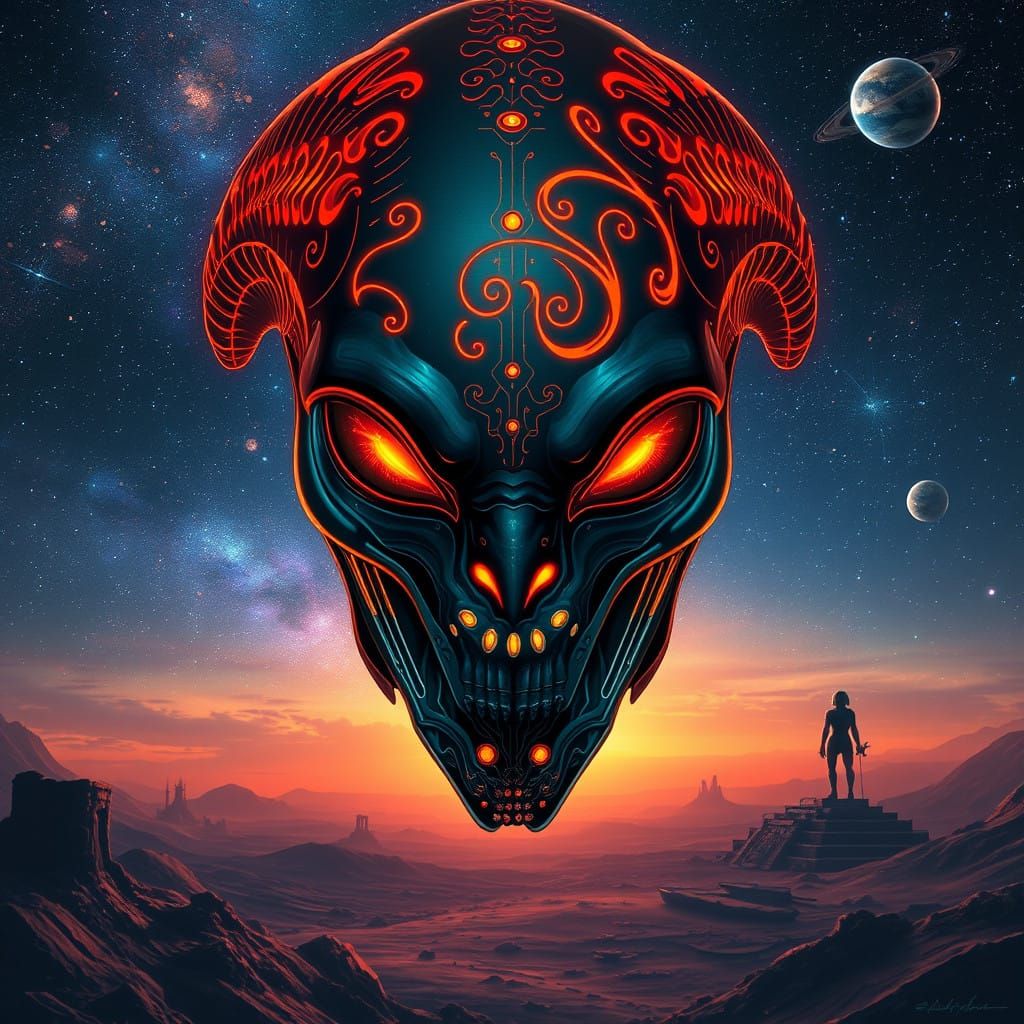Alien Mask Unveiled in Cosmic Landscape of Glowing Tattoos