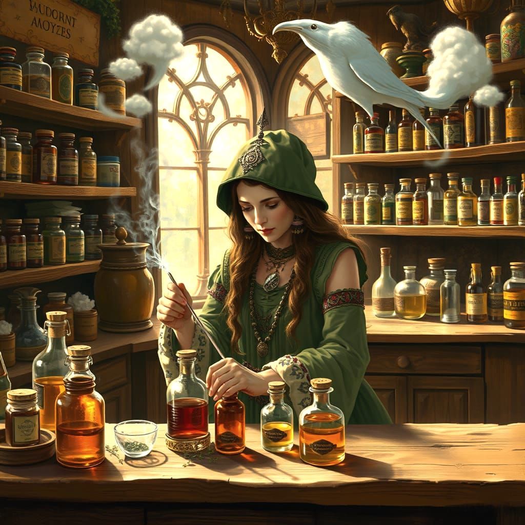 Shaman Priestess in Whimsical Apothecary