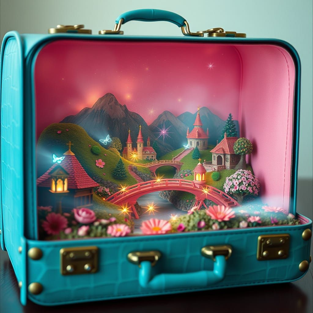 a double-exposure scene in a vintage turquoise crocodile leather suitcase inside a pink diorama of a miniature fairy-tal...