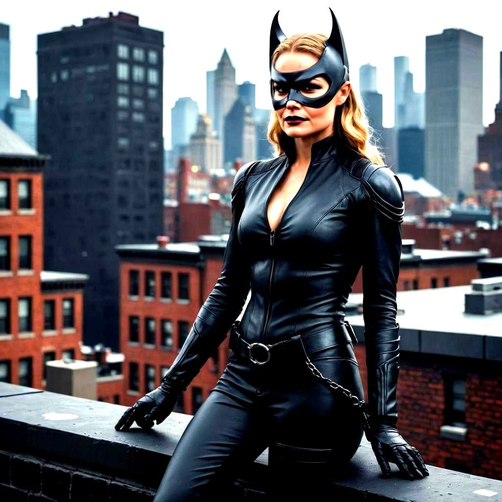 Catwoman on Gotham Rooftop: Cinematic Full Body Shot