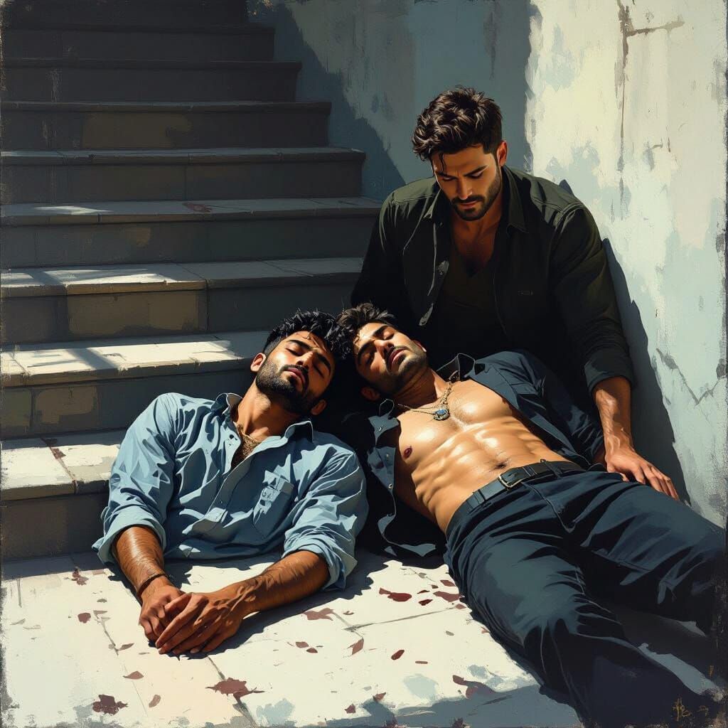 Unconscious Men Next to Stairs in Dramatic Lighting