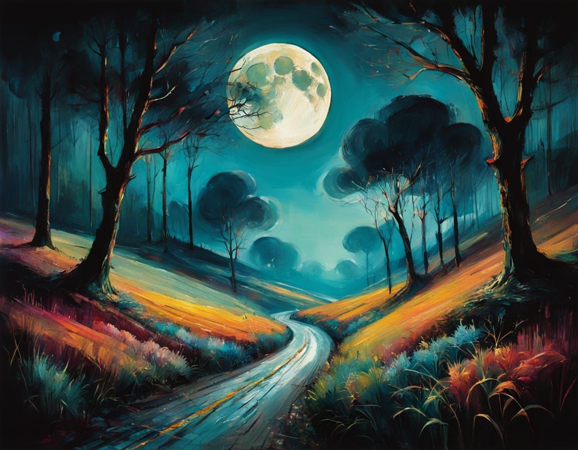 Dreamlike Moonlit Road in Surrealist Oil Painting