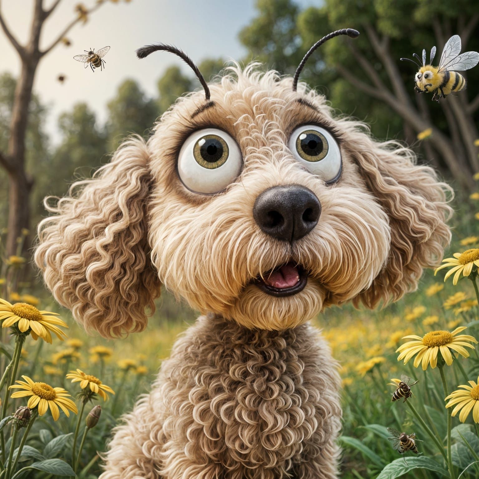 Cute Groodle Cartoon with Bee on Nose