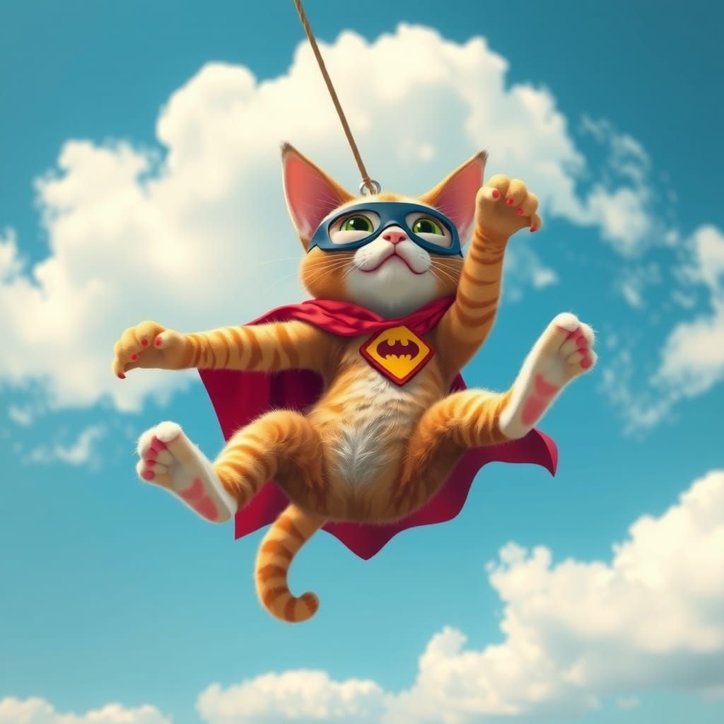 Cartoon Cat Superhero Tangled in Cape