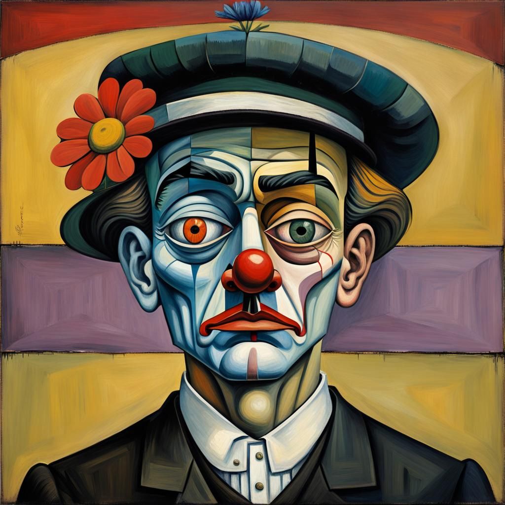 Sad Clown Portrait in Cubist Surrealist Style