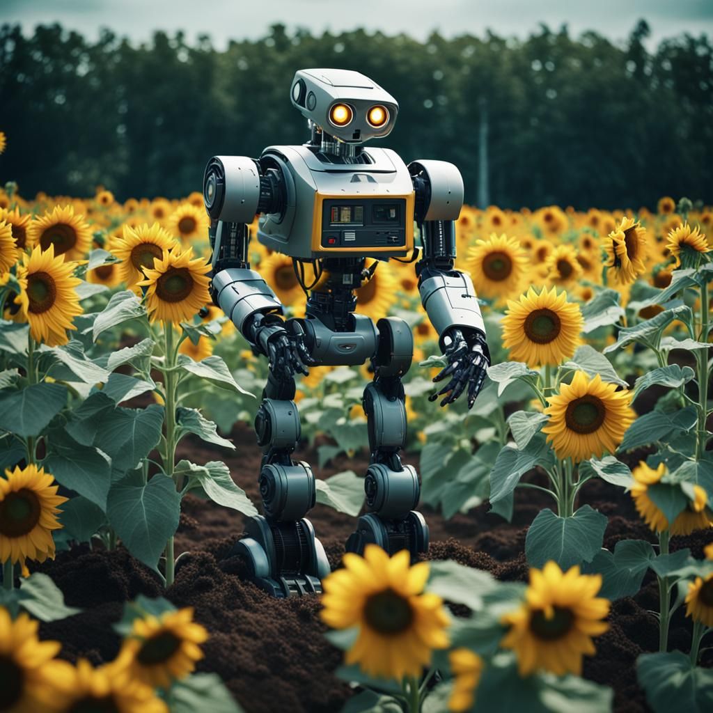 Robot Gardener in Sunflower Field: Cinematic Film Still