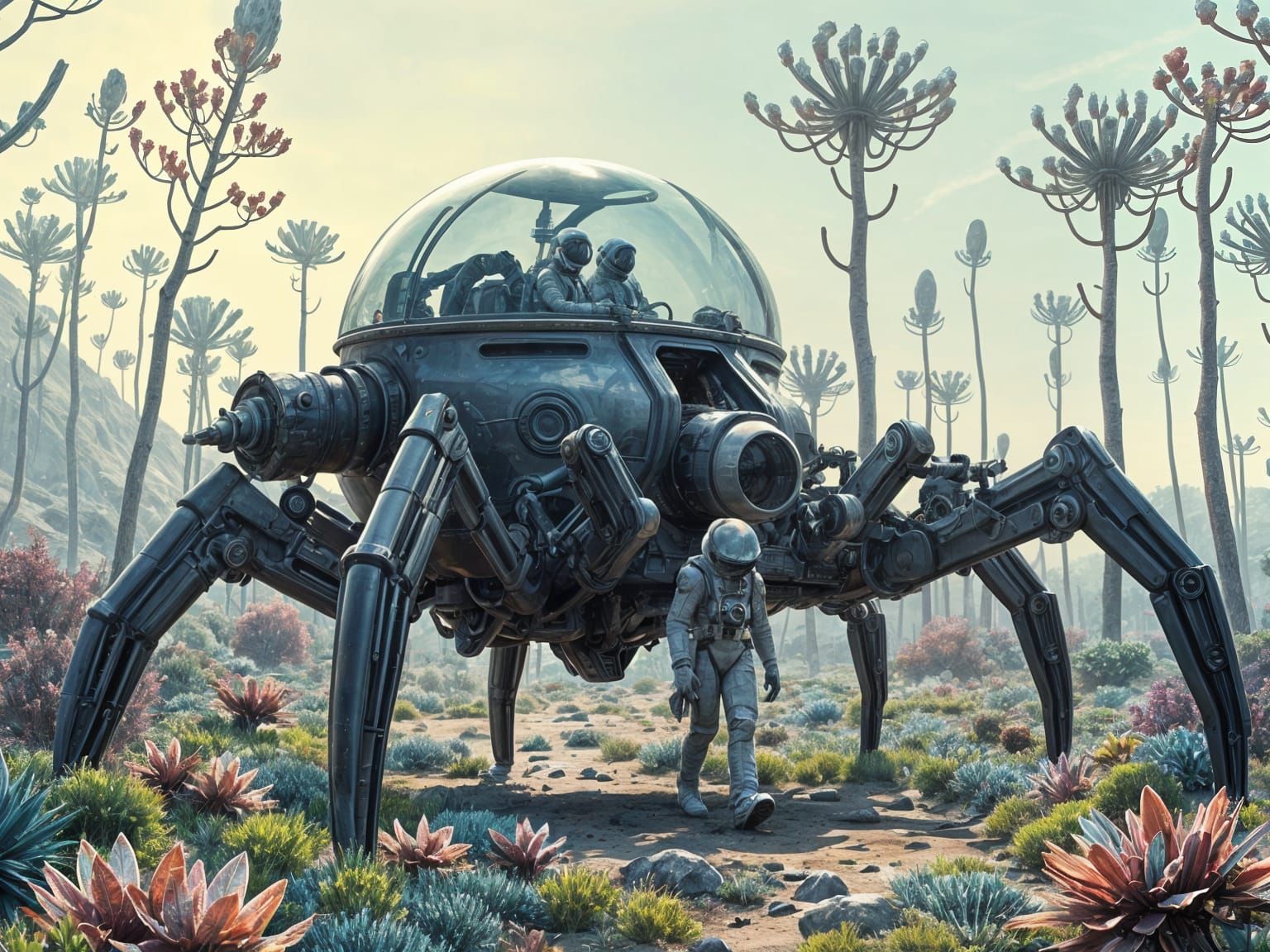 Cyberpunk Planetary Explorer in Alien Landscape