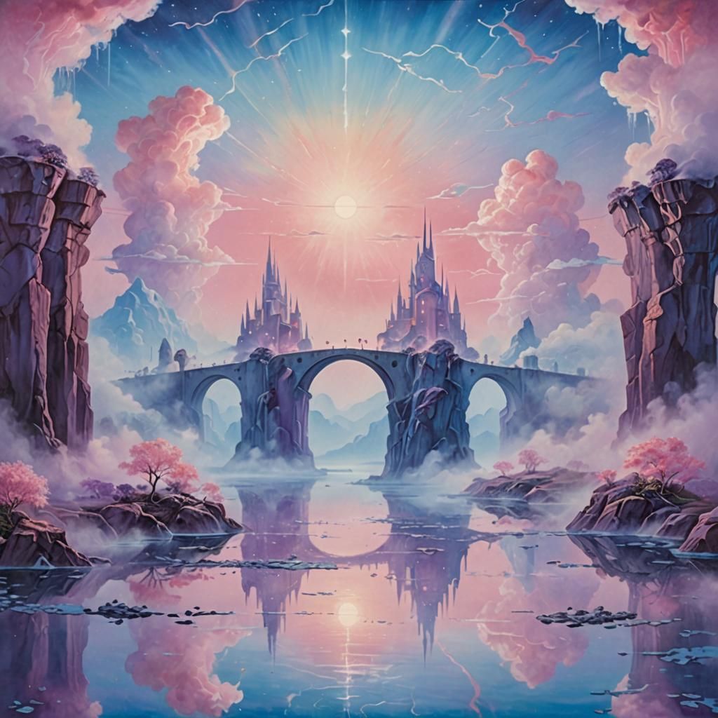 Surreal Dreamscape: Luminous Islands in Pastel Mist