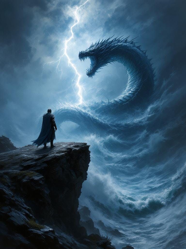 Colossal Serpent Emerges in Stormy Seas, Oil Painting