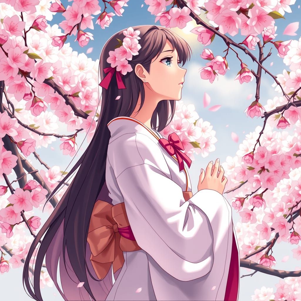 Elegant Kimono Woman Surrounded by Cherry Blossoms