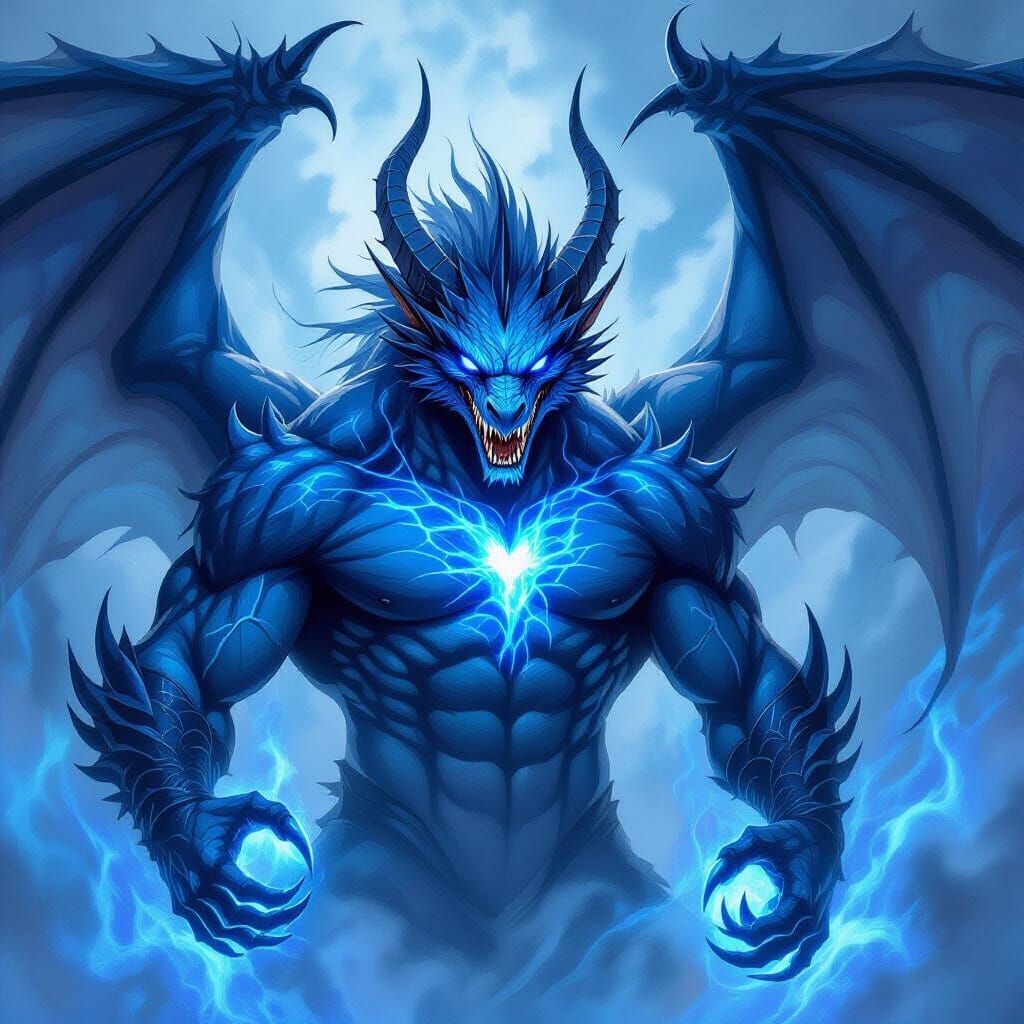 Blue Nightmare Dragon in Flames, Watercolor Art