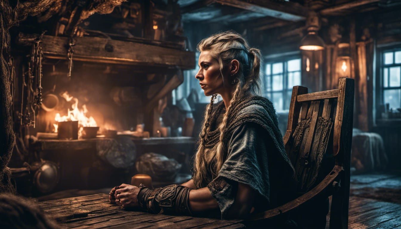 Viking Mother in Cyberpunk Home, Hyperrealistic