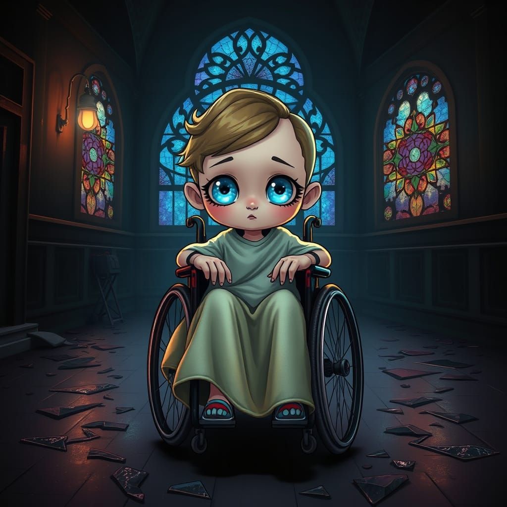 Chibi Wheelchair Figure in Shattered Asylum: Digital Art