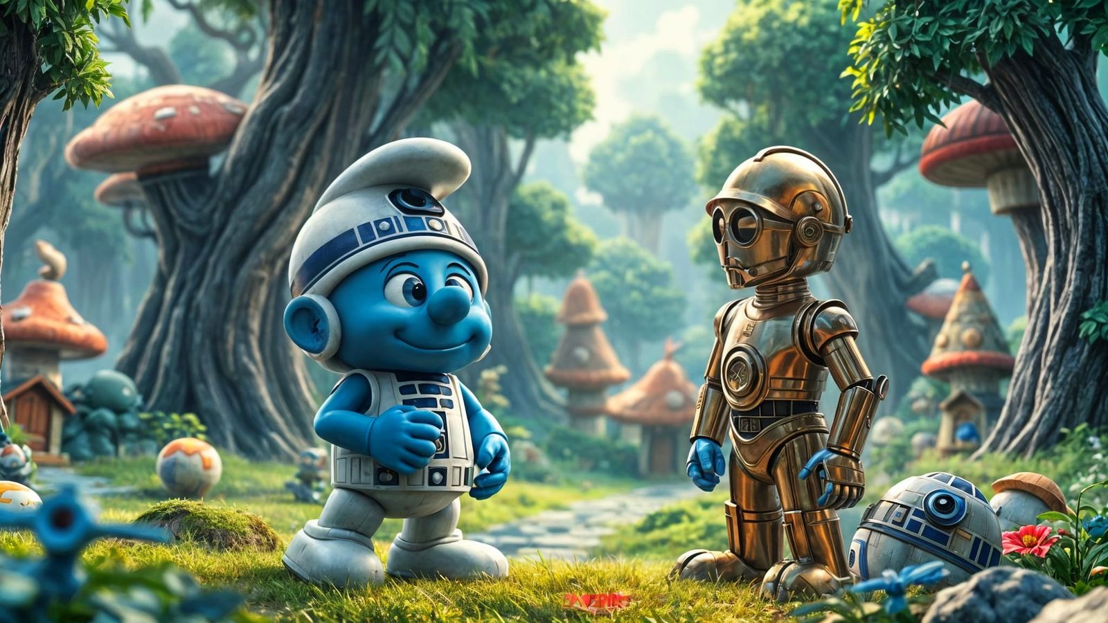 R2-D2 and C-3PO as Smurfs in 3D Anime Art