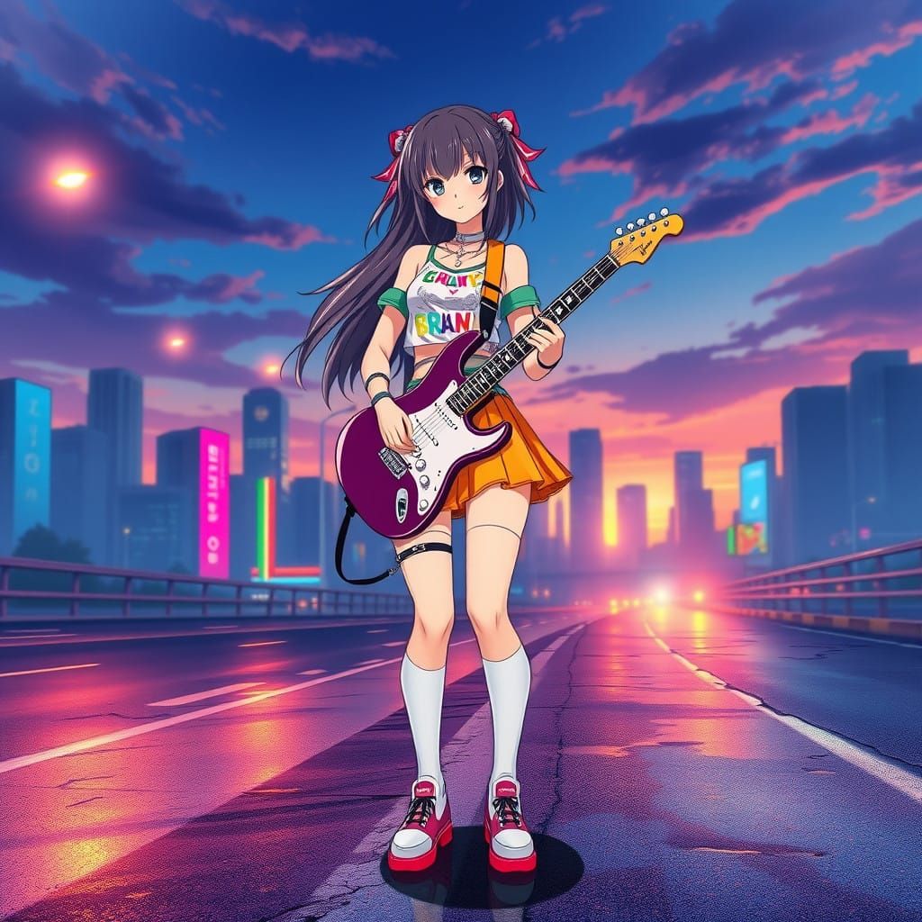 Vibrant Anime Music Girl in Sunset Cityscape